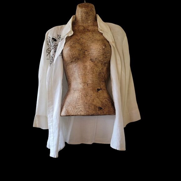 White Linen Button-Up Shirt With Black Floral Embroidery & Beaded Design - Picture 2 of 15